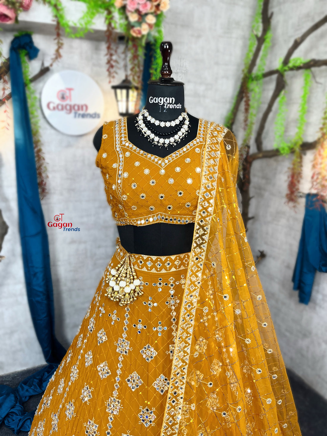 Yellow colour mirror Work with Can-Can and designer blouse Festive look lehenga