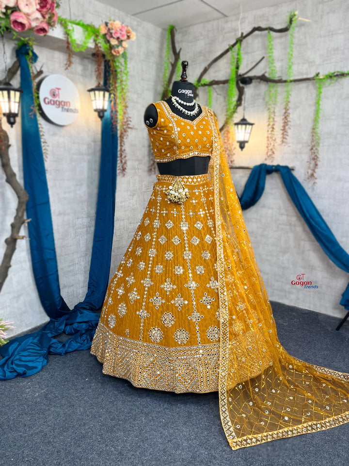 Yellow colour mirror Work with Can-Can and designer blouse Festive look lehenga