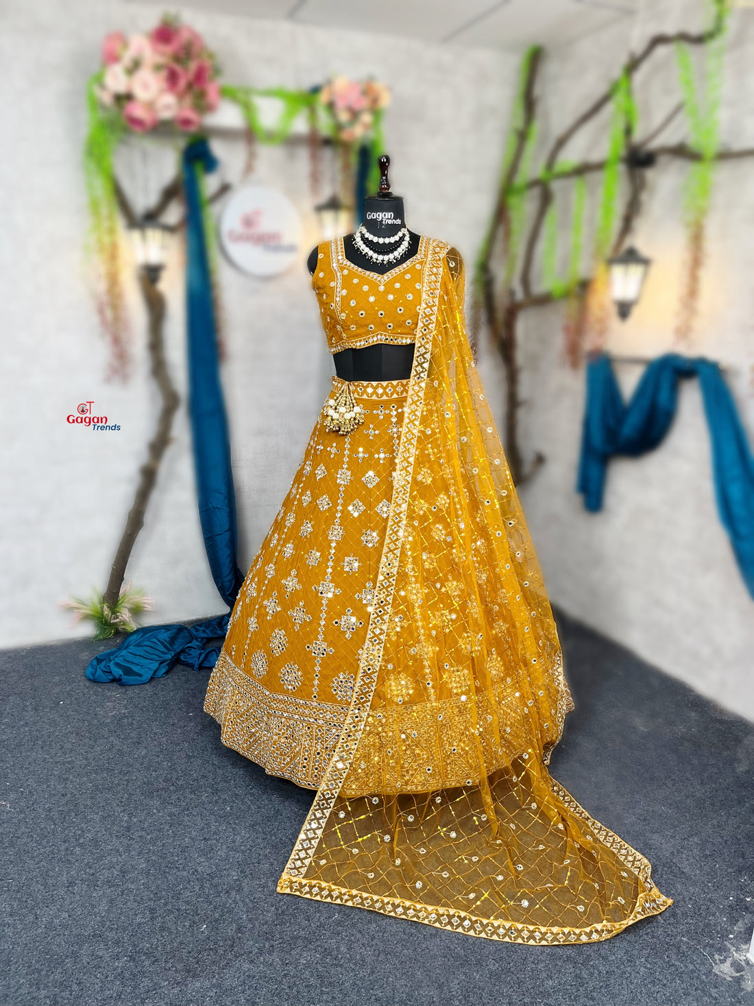 Yellow colour mirror Work with Can-Can and designer blouse Festive look lehenga