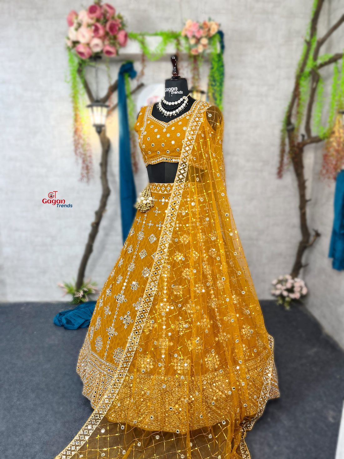Yellow colour mirror Work with Can-Can and designer blouse Festive look lehenga