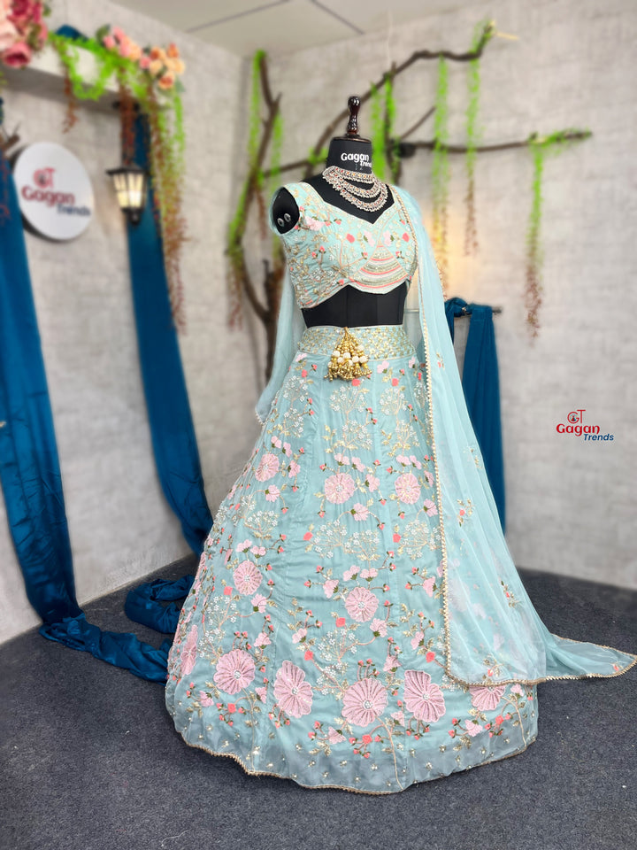 Elegant Tabby Silk Lehenga with Pearl Sequins Embroidery & Matching Dupatta