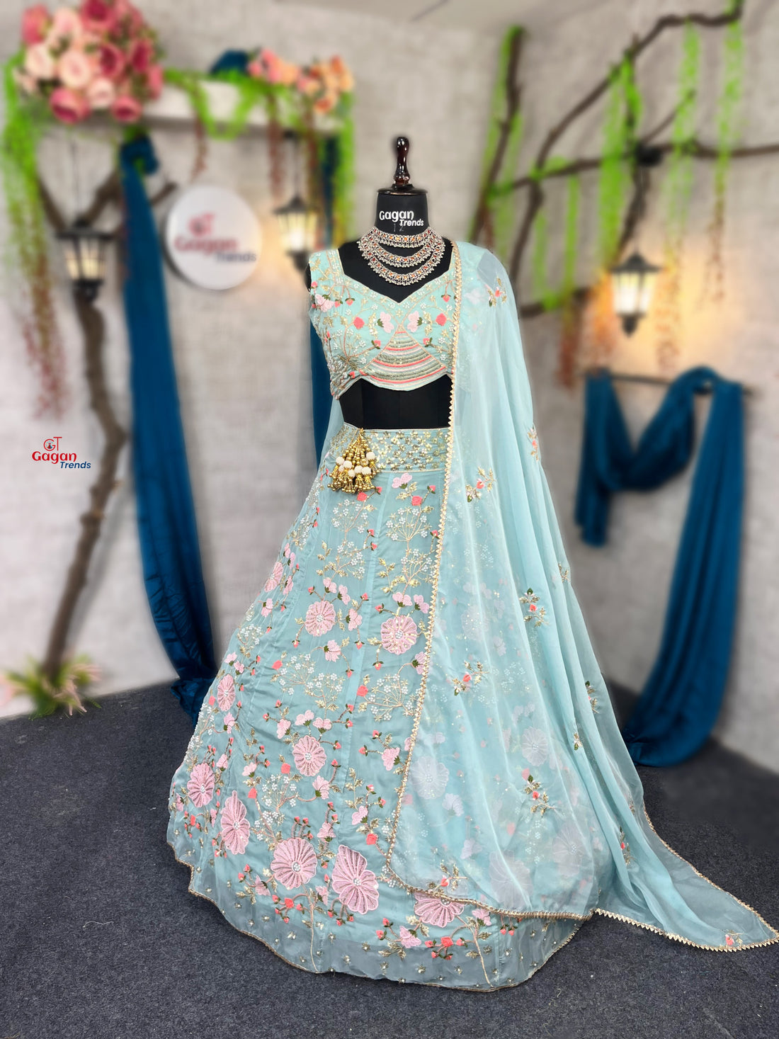 Elegant Tabby Silk Lehenga with Pearl Sequins Embroidery & Matching Dupatta