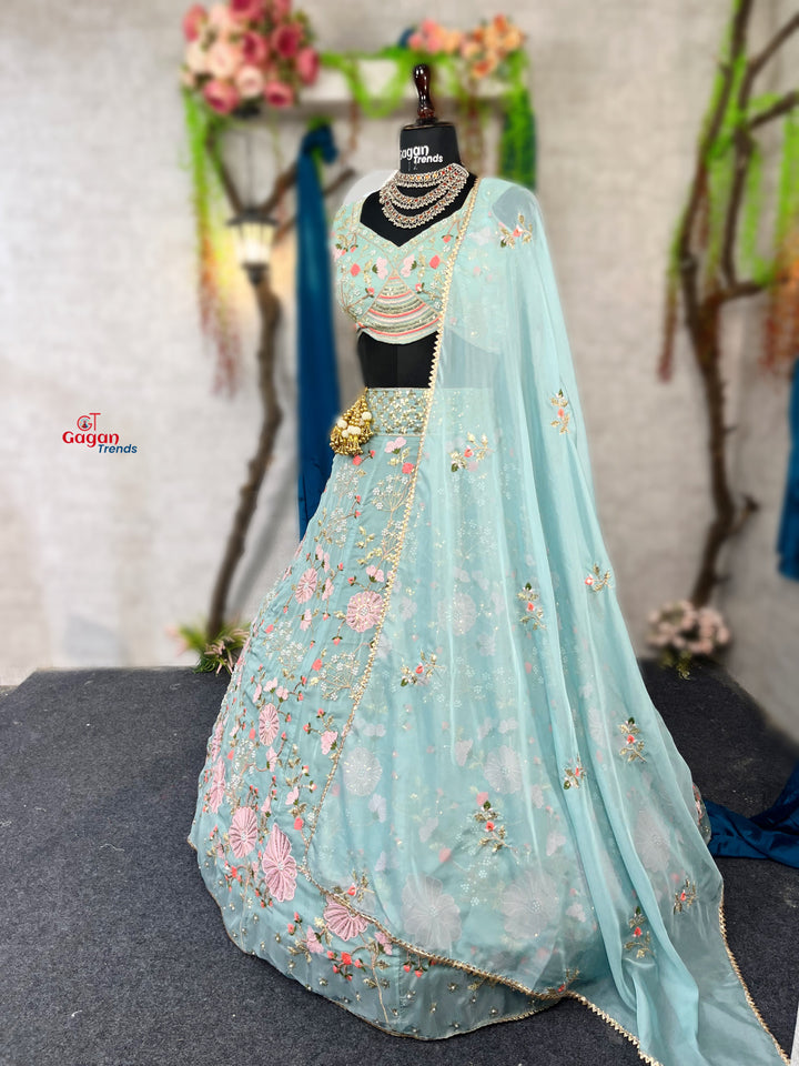 Elegant Tabby Silk Lehenga with Pearl Sequins Embroidery & Matching Dupatta