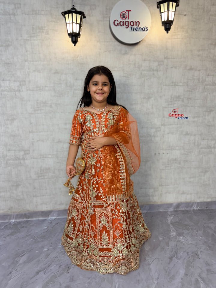 🧡 Girls Orange Soft Net Lehenga Choli with Coding Sequins – Fully Stitched Traditional Dress (0–18 Years)