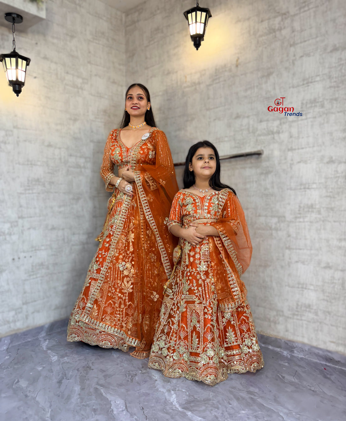 orange colour Mom-Daughter Soft Net Lehenga Choli Set with Coding Sequins & Dupatta – Matching Ethnic Outfit