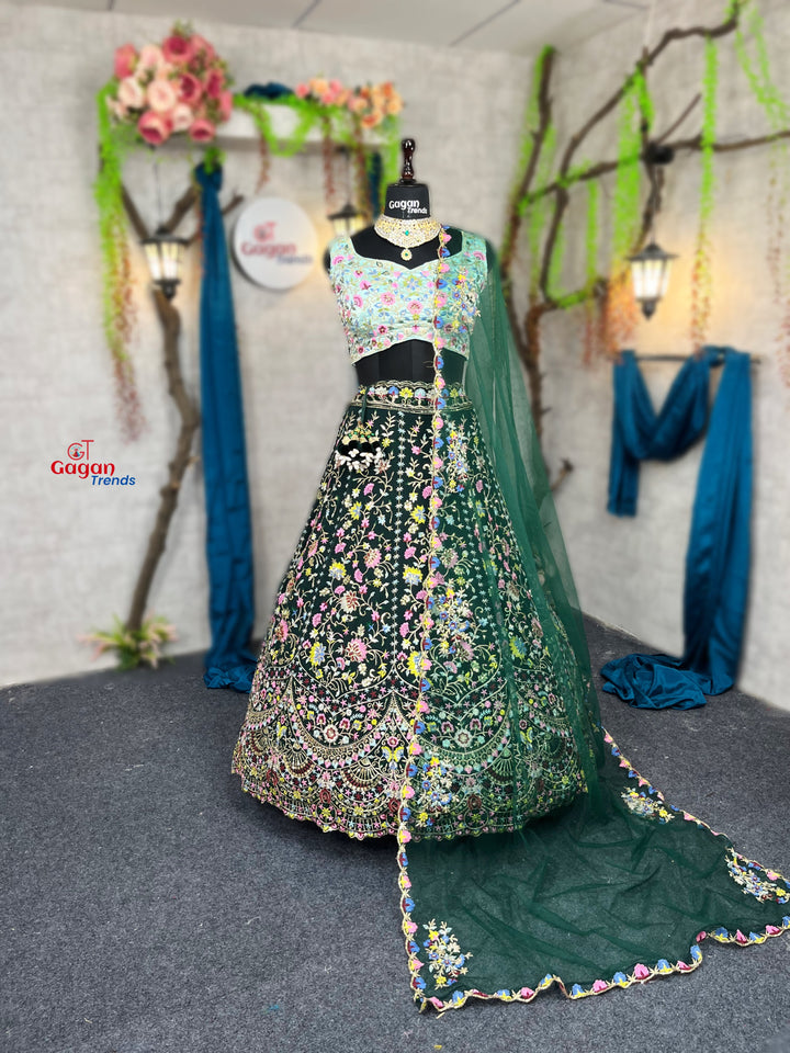 Green colour premium Malai Silk Lehenga and designer blouse perfect fit for festival And every Event