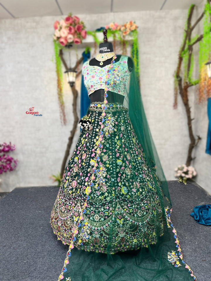 Green colour premium Malai Silk Lehenga and designer blouse perfect fit for festival And every Event
