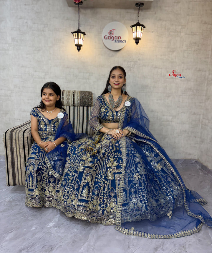 Mom & Daughter Matching blue Lehenga Choli Set – Fully Stitched Soft Net with Coding Sequins (0Y–18Y KIDS ) | S–XXL-Mom