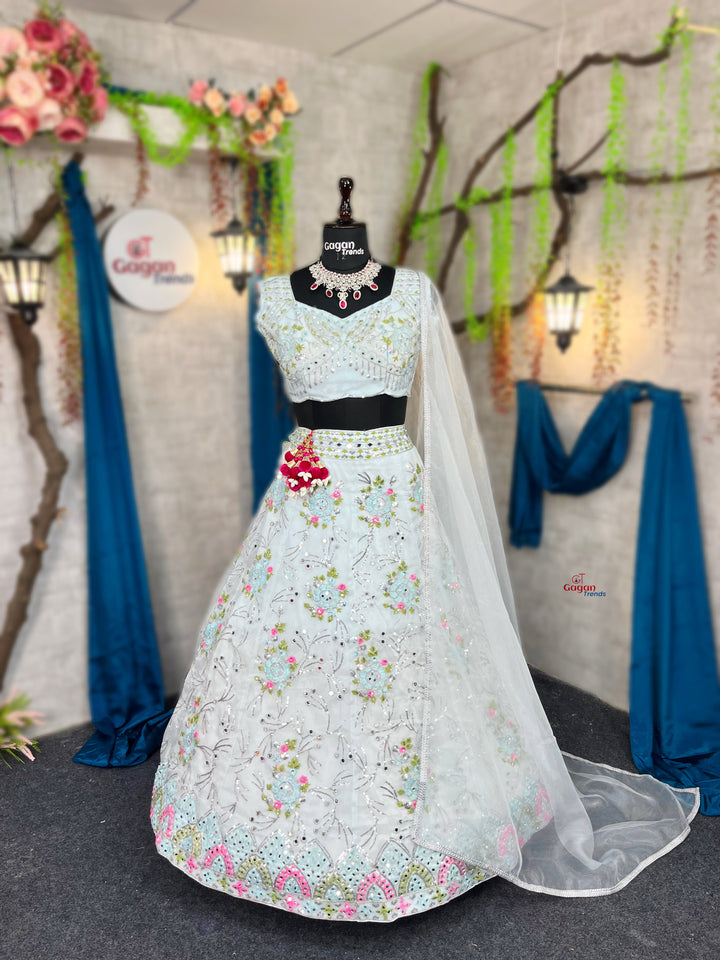 Stunning Heavy Organza Silk Lehenga with Real Mirror & Sequins Embroidery – A Festive Must-Have!