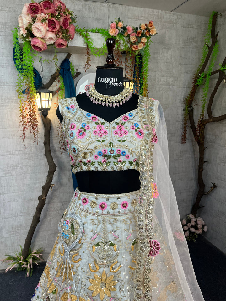 Premium Organza Silk Sequin Embroidered Lehenga with Cut Work Dupatta – Semi-Stitched Designer Set for Women