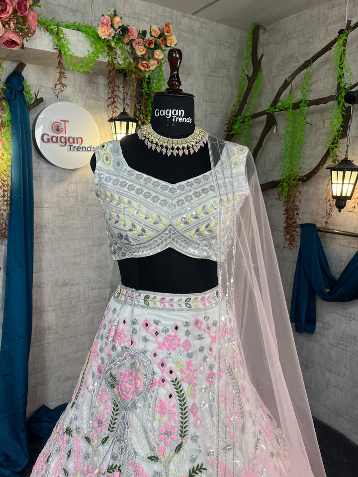 Faux Georgette Embroidered Sequin Lehenga with Dupatta – Semi-Stitched Partywear Set for Women