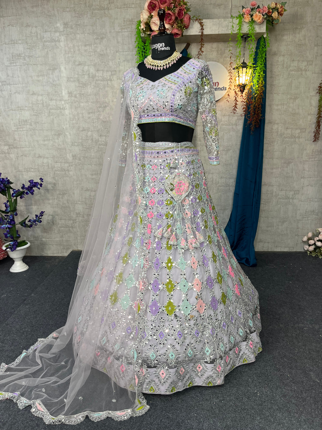Butterfly Net Mirror Work Lehenga with Sequins Embroidery for Wedding & Festive Looks
