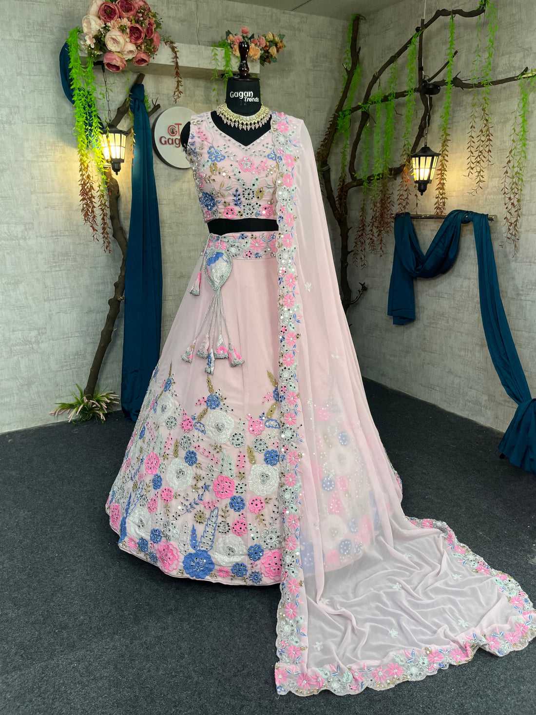 Fox Georgette Mirror Work Lehenga with Sequins Embroidery for Weddings & Parties