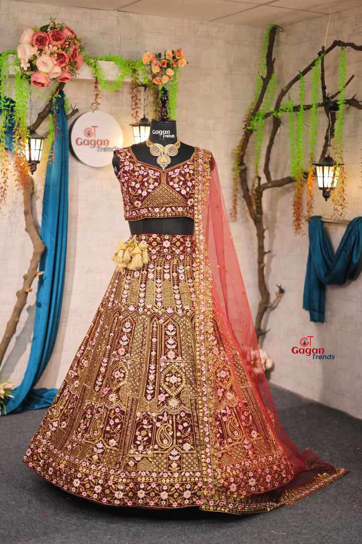 Wine colour premium  Full embroderiy work and designer blouse Festive look lehenga