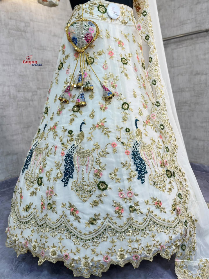 WHITE  Premium Faux Georgette  Lehenga with  Designer Blouse – Perfect for Weddings & Festive Glamour
