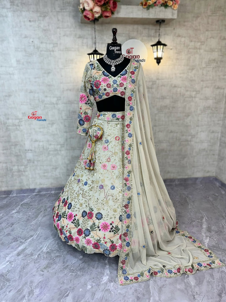 Fox Georgette Mirror Work Lehenga with Sequins & Frill – Party Wear Lehenga Set