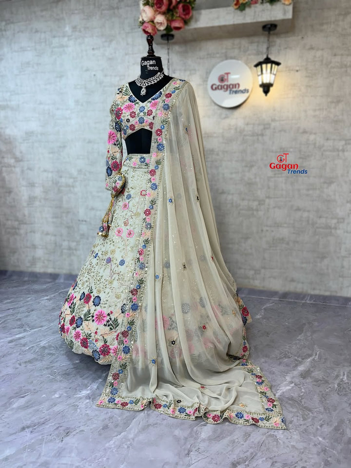 Fox Georgette Mirror Work Lehenga with Sequins & Frill – Party Wear Lehenga Set