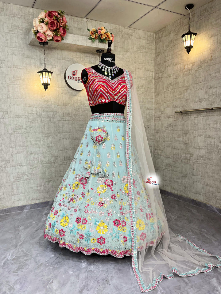 Fox Georgette Lehenga with Real Mirror Sequins Embroidery & Net Dupatta – Semi-Stitched Partywear Set