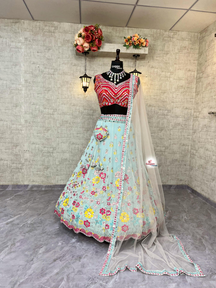 Fox Georgette Lehenga with Real Mirror Sequins Embroidery & Net Dupatta – Semi-Stitched Partywear Set